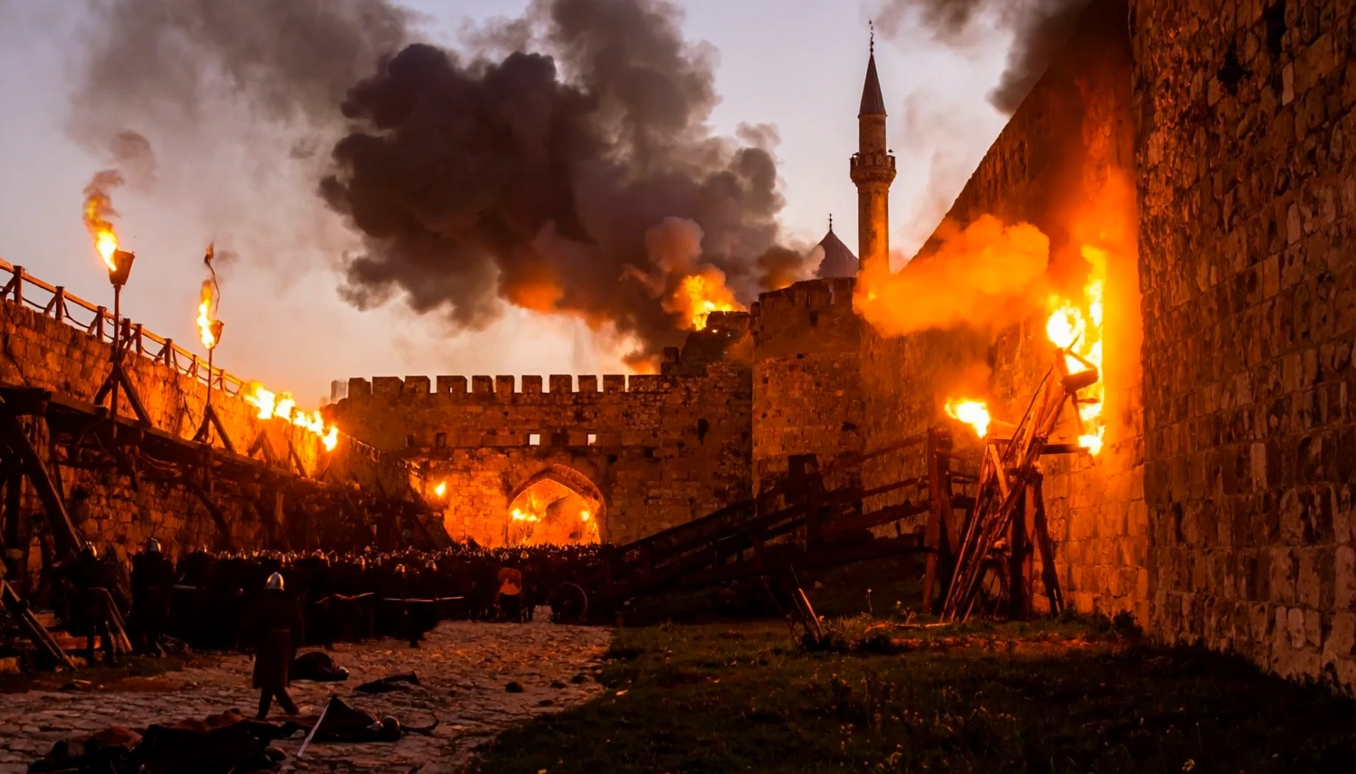 Ancient City Wall Engulfed in Flames